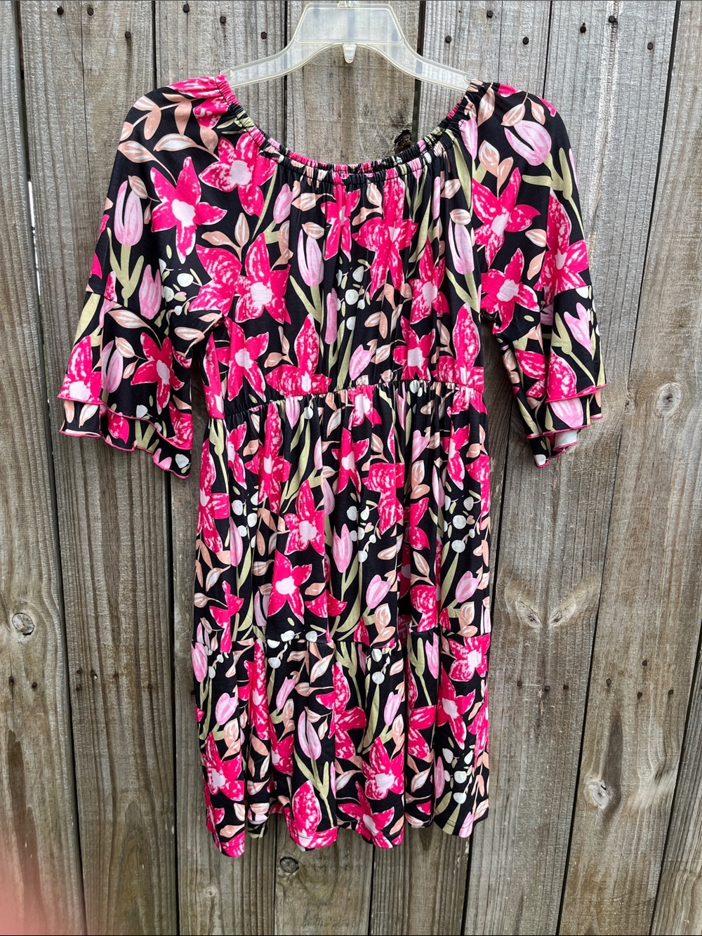 Girls' Floral Off-Shoulder Dress in Black and Pink